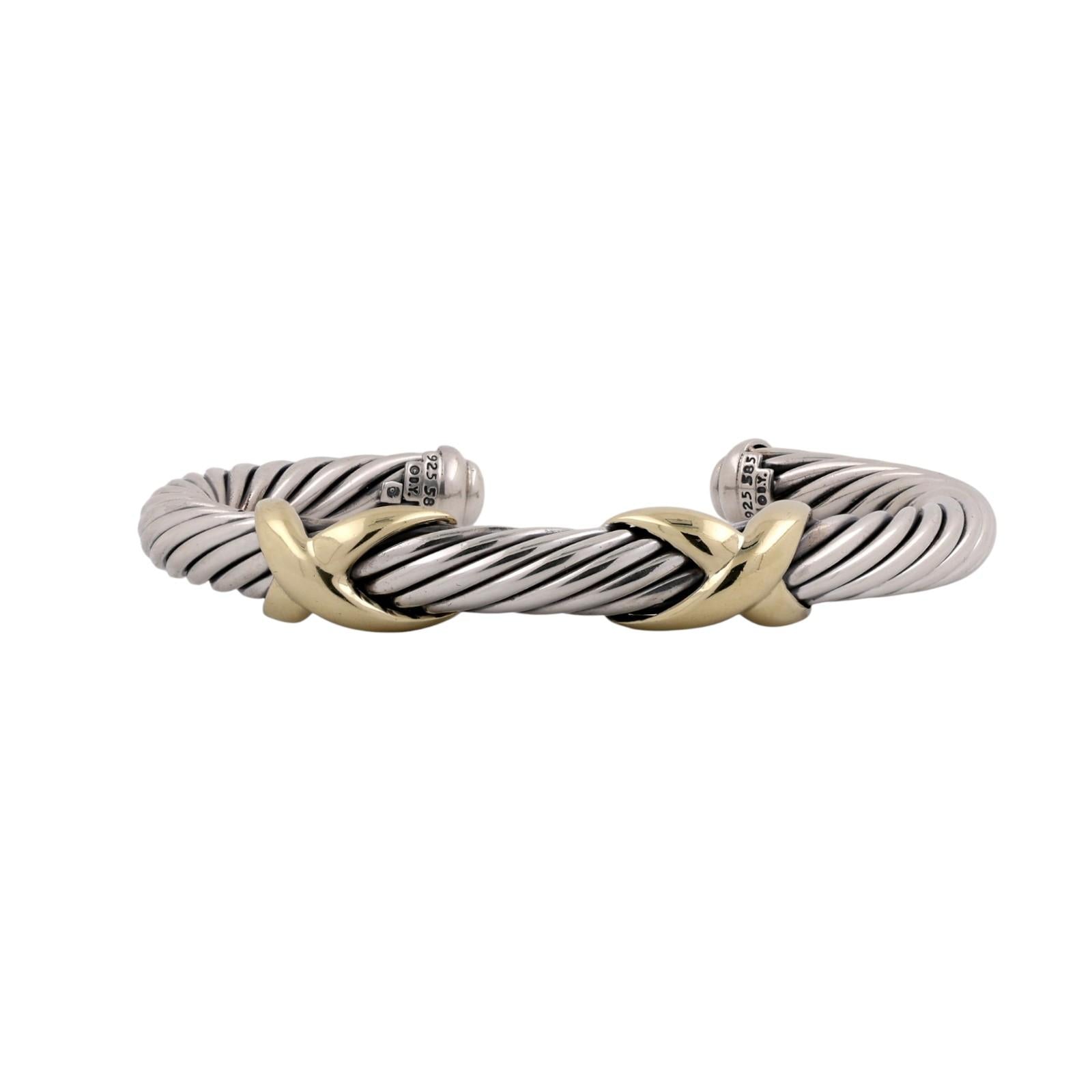 David Yurman 14K Gold Sterling Silver Double X Cable Cuff Bracelet 6.75"