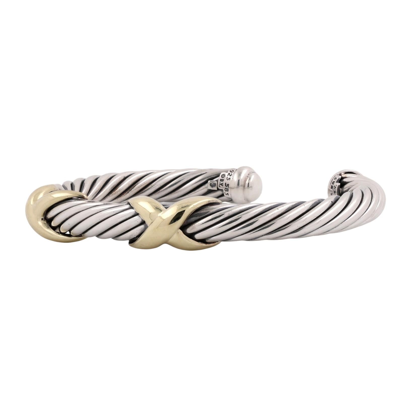 David Yurman 14K Gold Sterling Silver Double X Cable Cuff Bracelet 6.75"