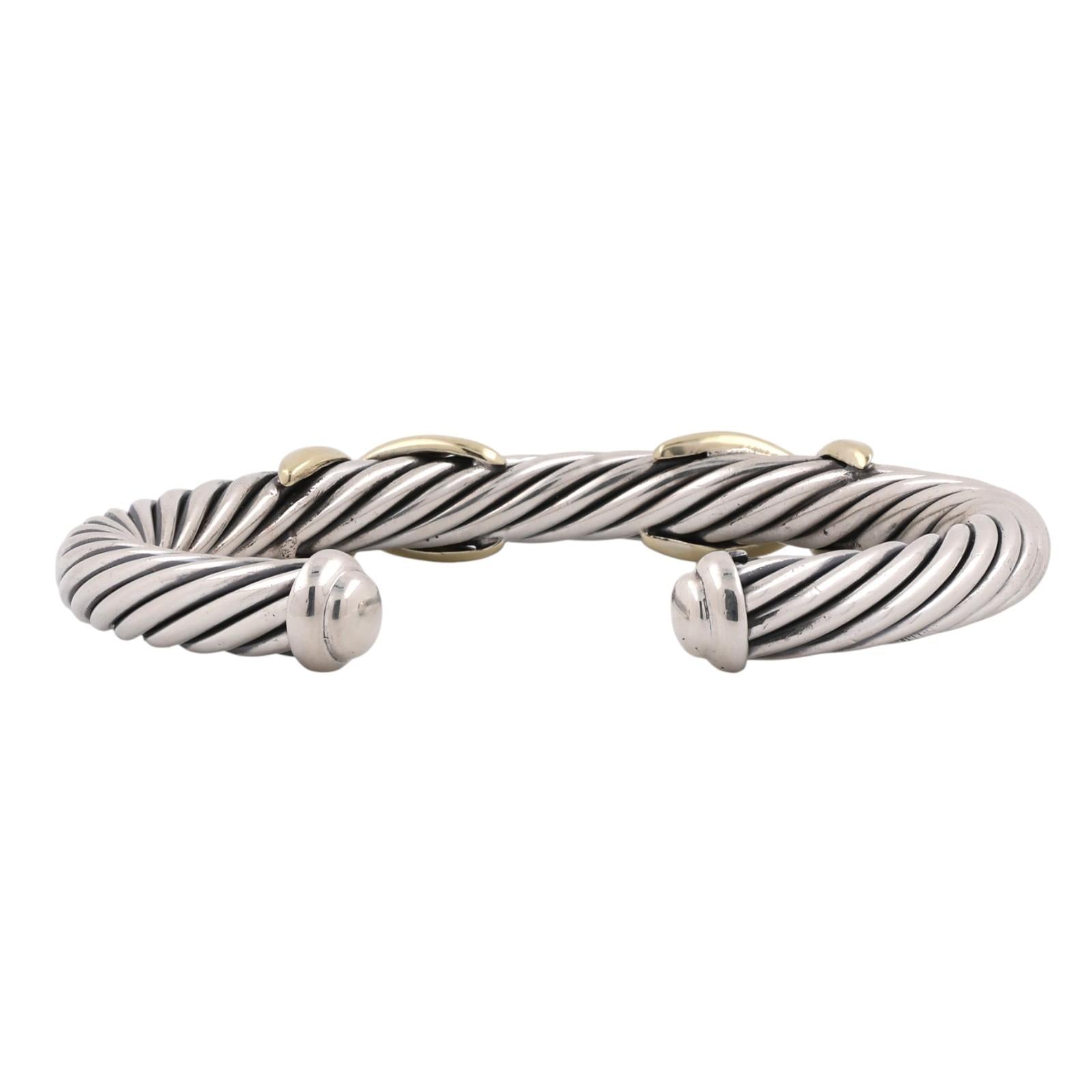 David Yurman 14K Gold Sterling Silver Double X Cable Cuff Bracelet 6.75"
