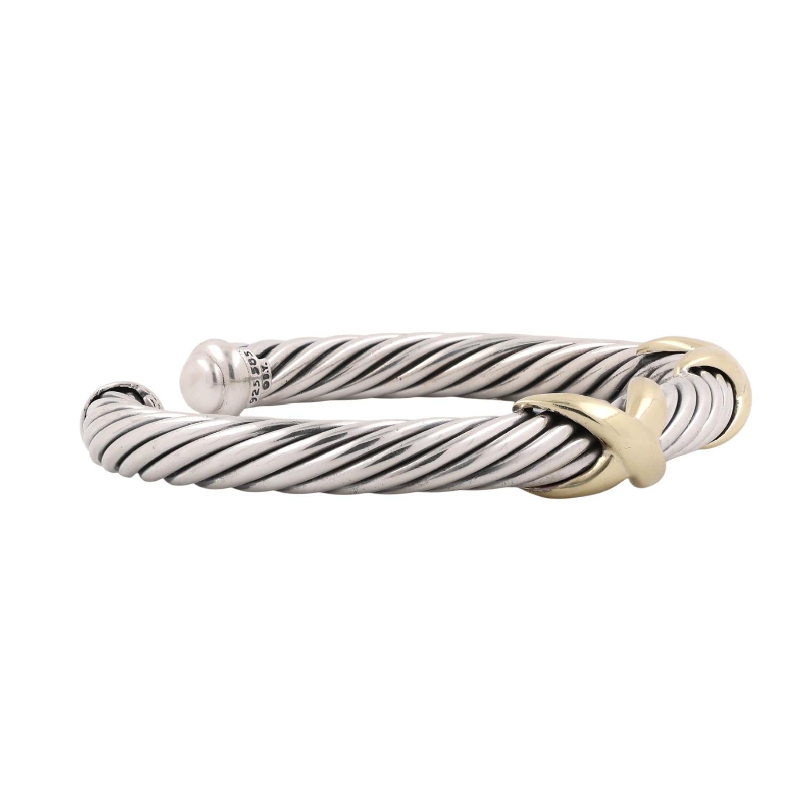 David Yurman 14K Gold Sterling Silver Double X Cable Cuff Bracelet 6.75"