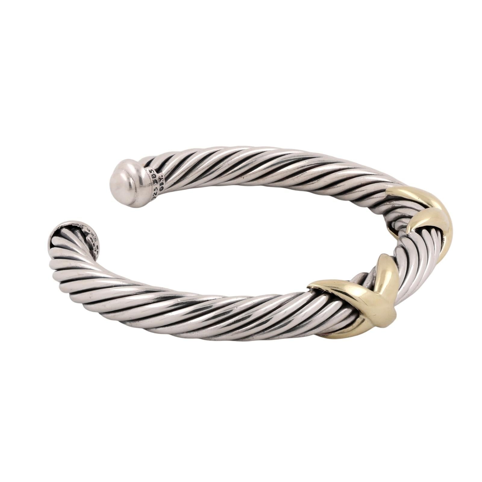 David Yurman 14K Gold Sterling Silver Double X Cable Cuff Bracelet 6.75"