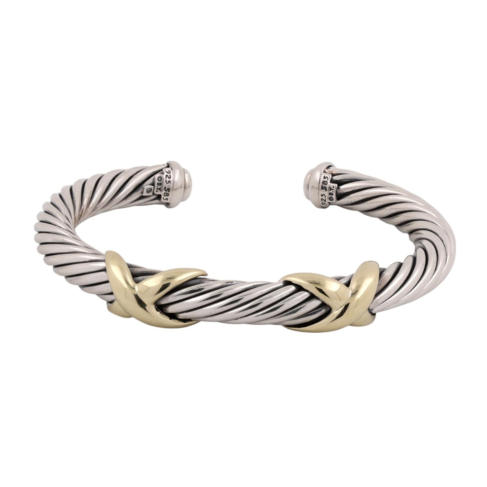 David Yurman 14K Gold Sterling Silver Double X Cable Cuff Bracelet 6.75"