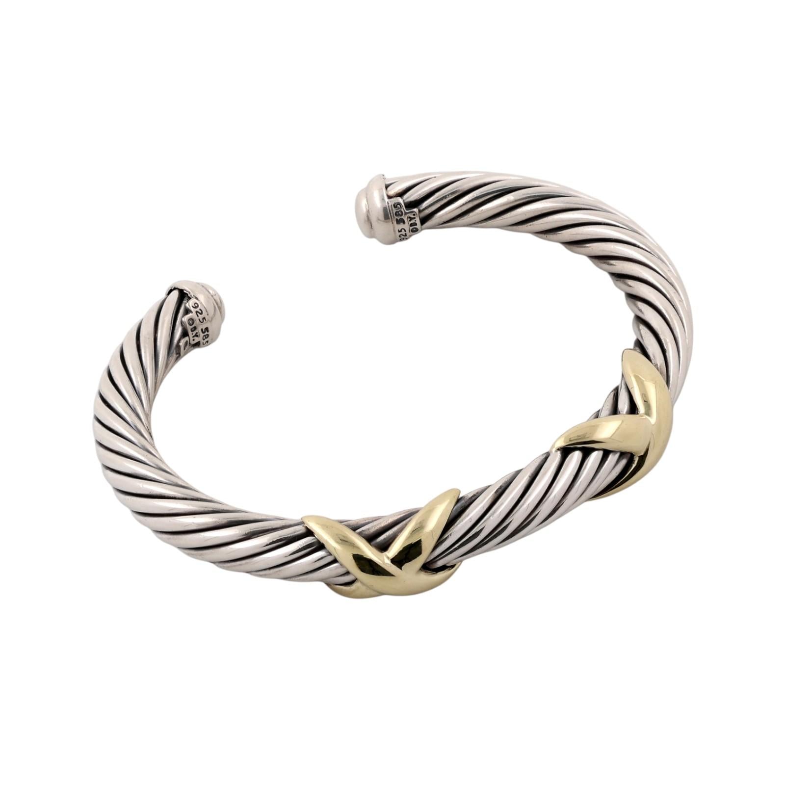 David Yurman 14K Gold Sterling Silver Double X Cable Cuff Bracelet 6.75"
