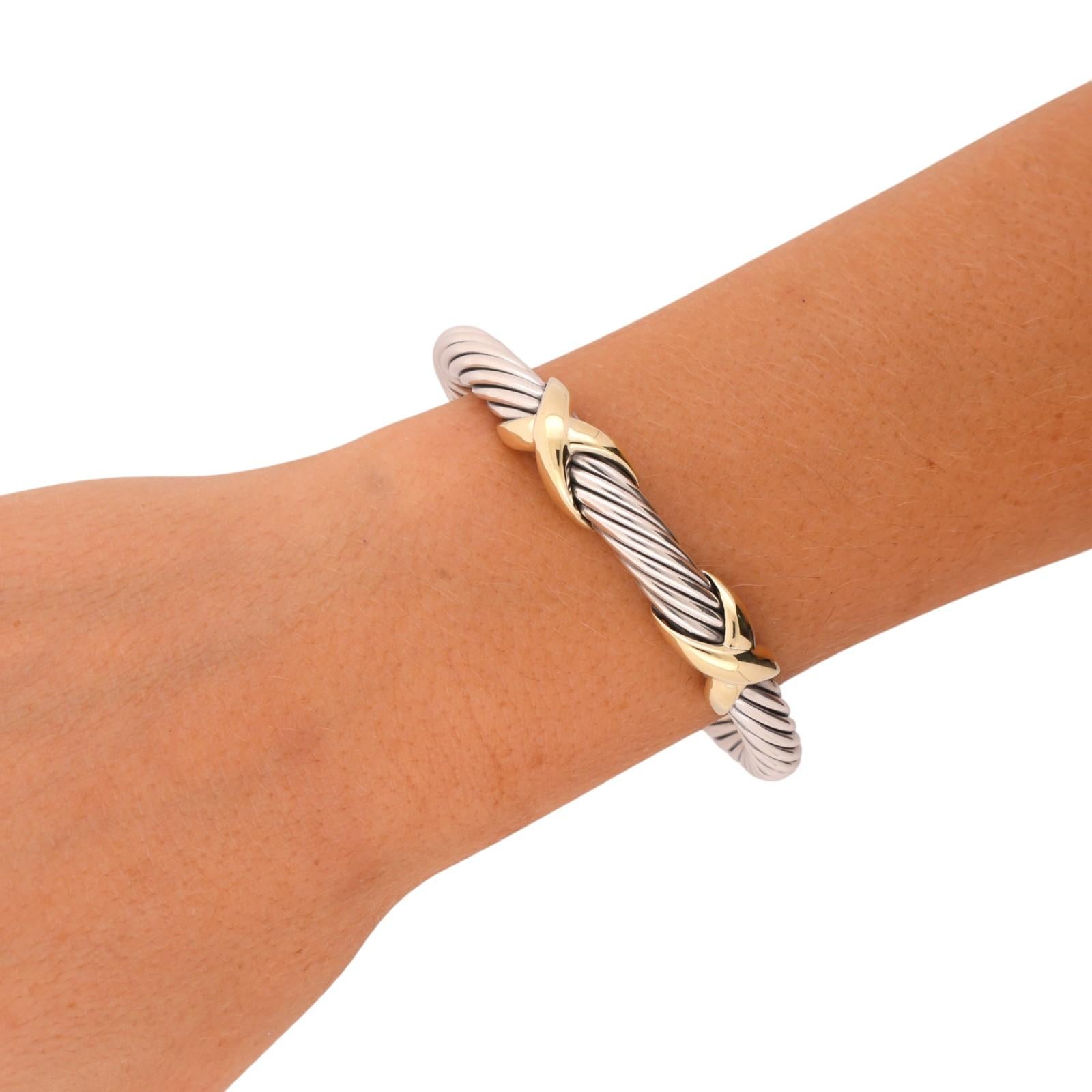 David Yurman 14K Gold Sterling Silver Double X Cable Cuff Bracelet 6.75"