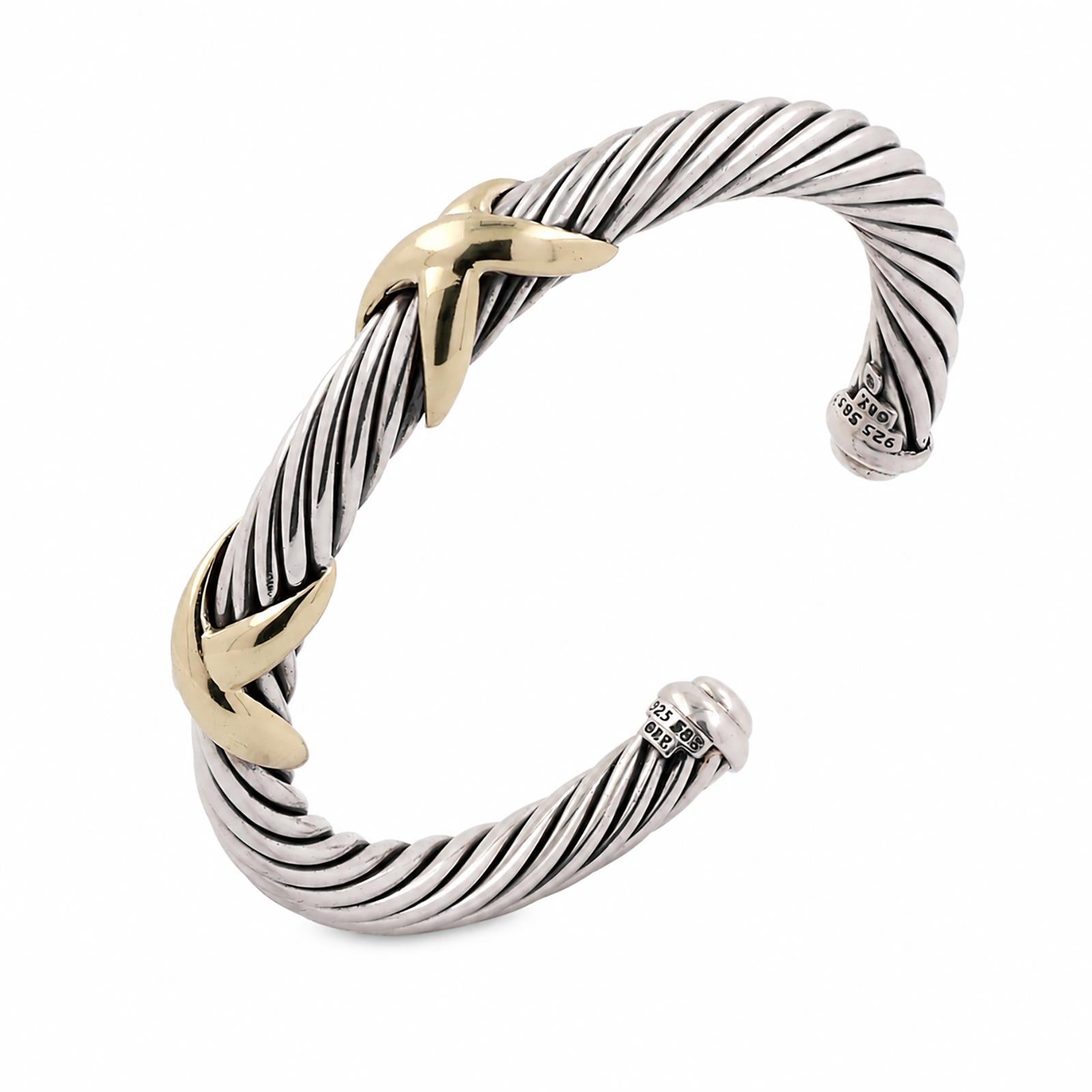 David Yurman 14K Gold Sterling Silver Double X Cable Cuff Bracelet 6.75"