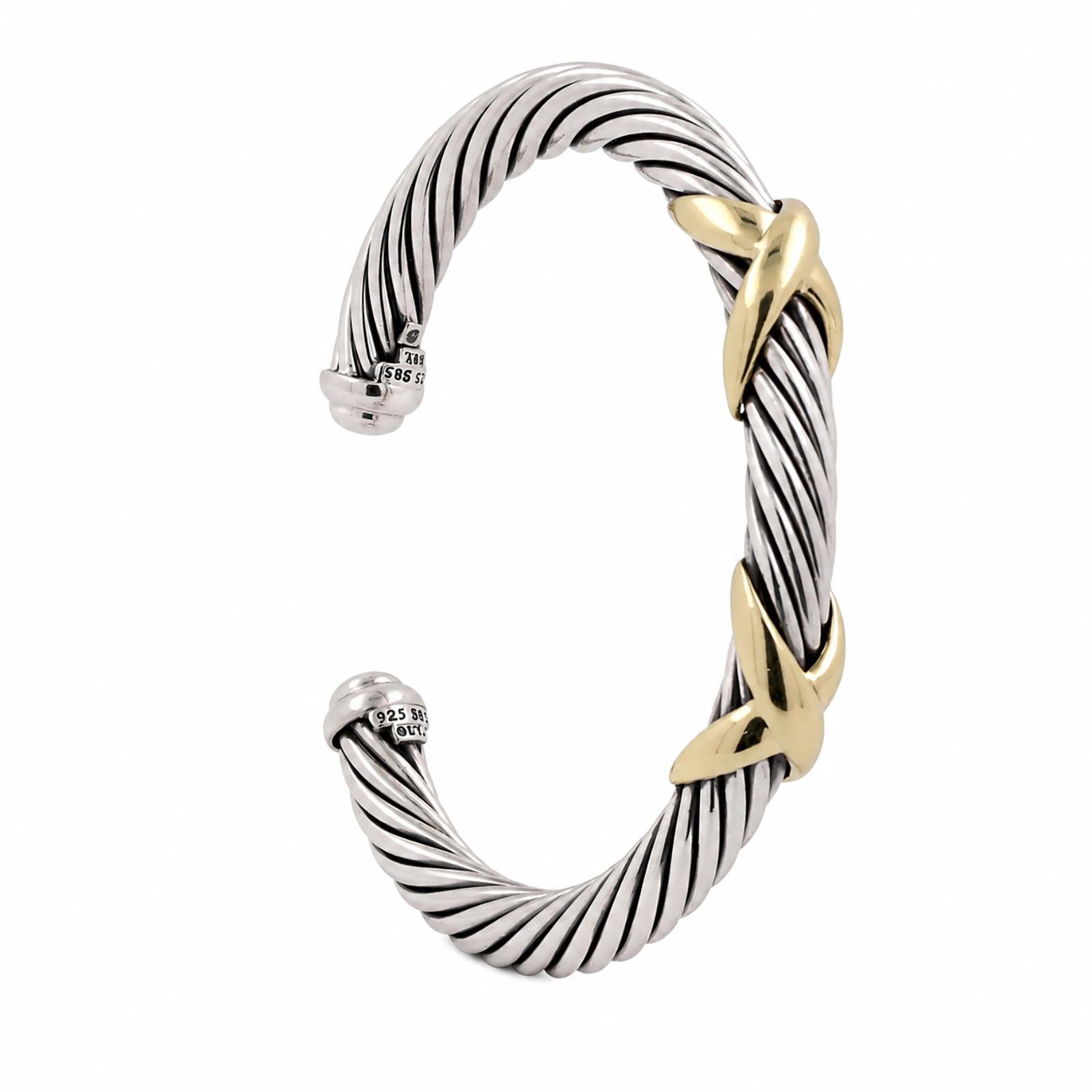 David Yurman 14K Gold Sterling Silver Double X Cable Cuff Bracelet 6.75"