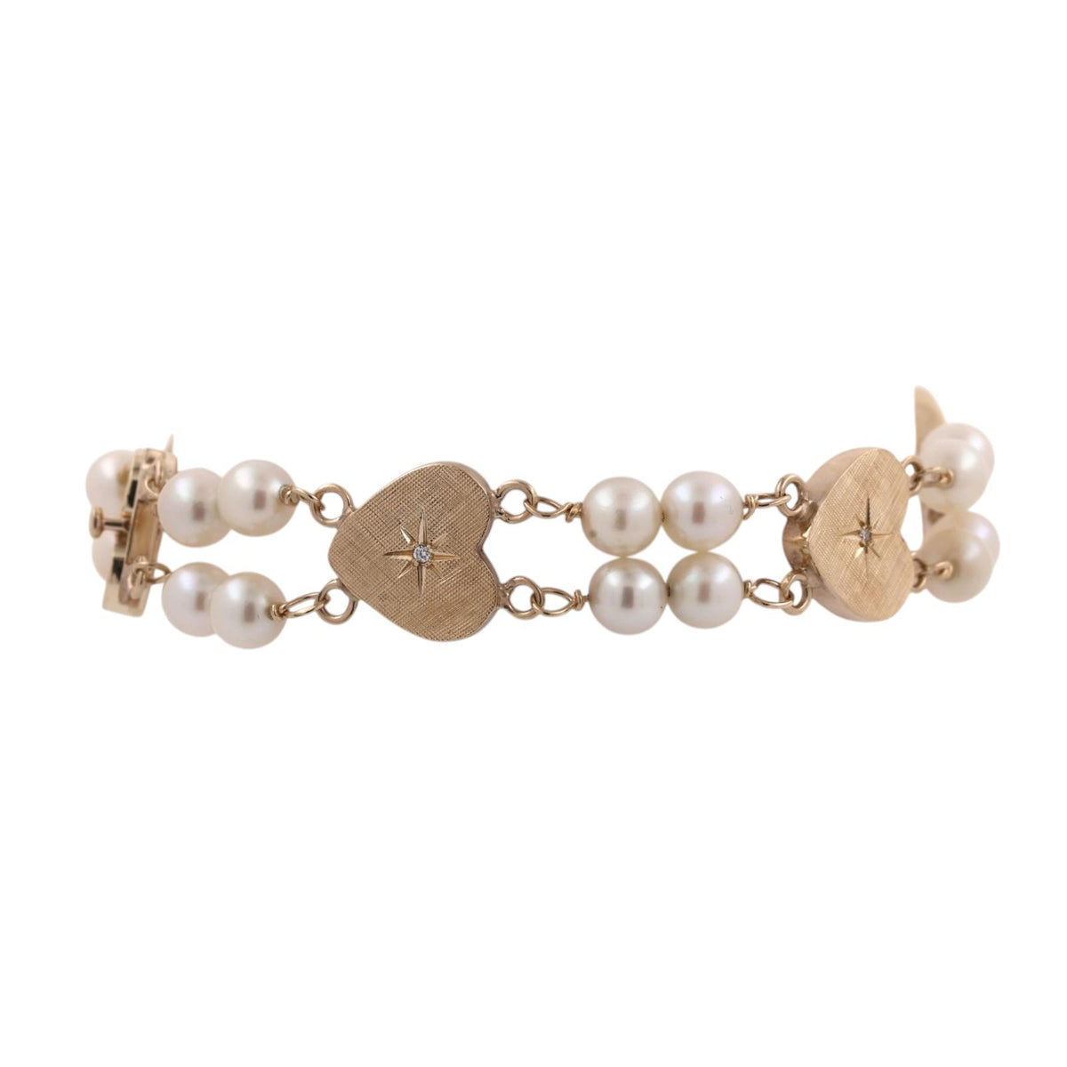 Vintage Yellow Gold Akoya Pearl Diamond Heart Link Bracelet 7" 16.1g Estate