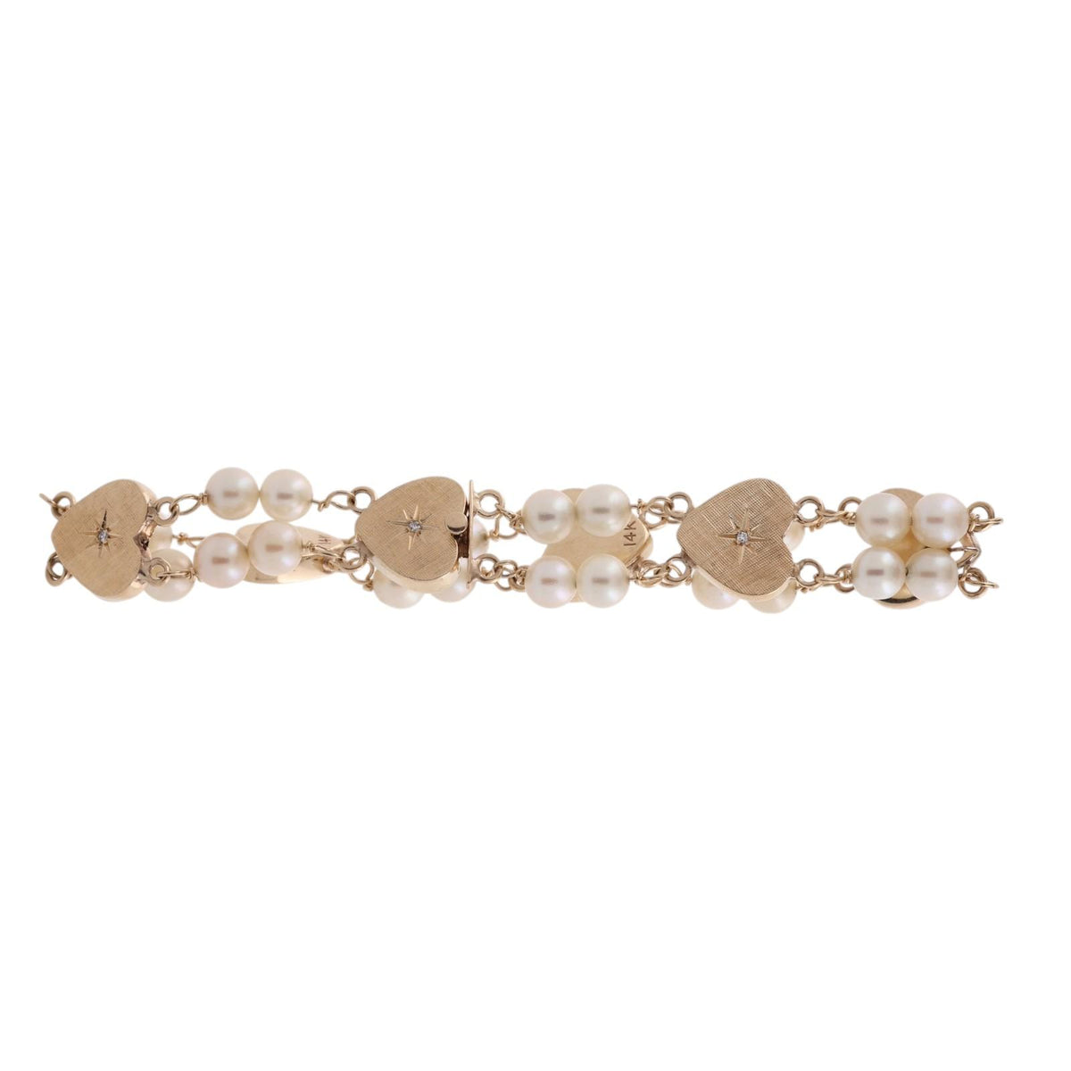 Vintage Yellow Gold Akoya Pearl Diamond Heart Link Bracelet 7" 16.1g Estate