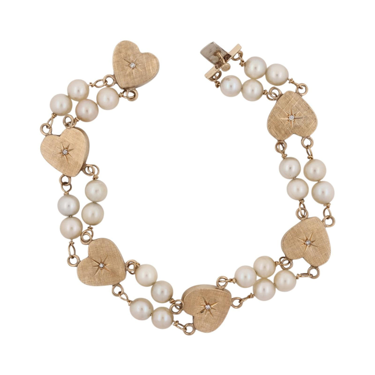 Vintage Yellow Gold Akoya Pearl Diamond Heart Link Bracelet 7" 16.1g Estate
