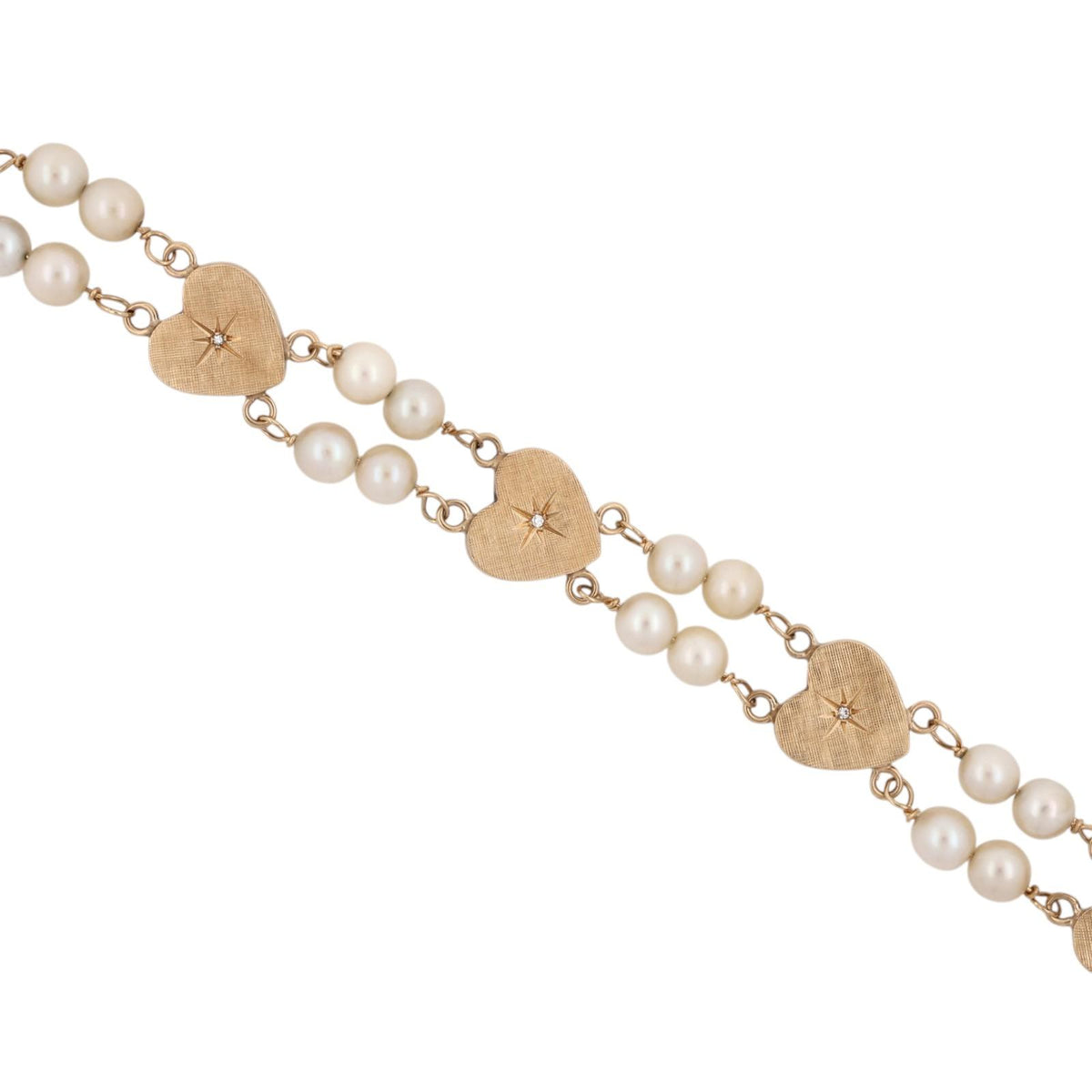 Vintage Yellow Gold Akoya Pearl Diamond Heart Link Bracelet 7" 16.1g Estate