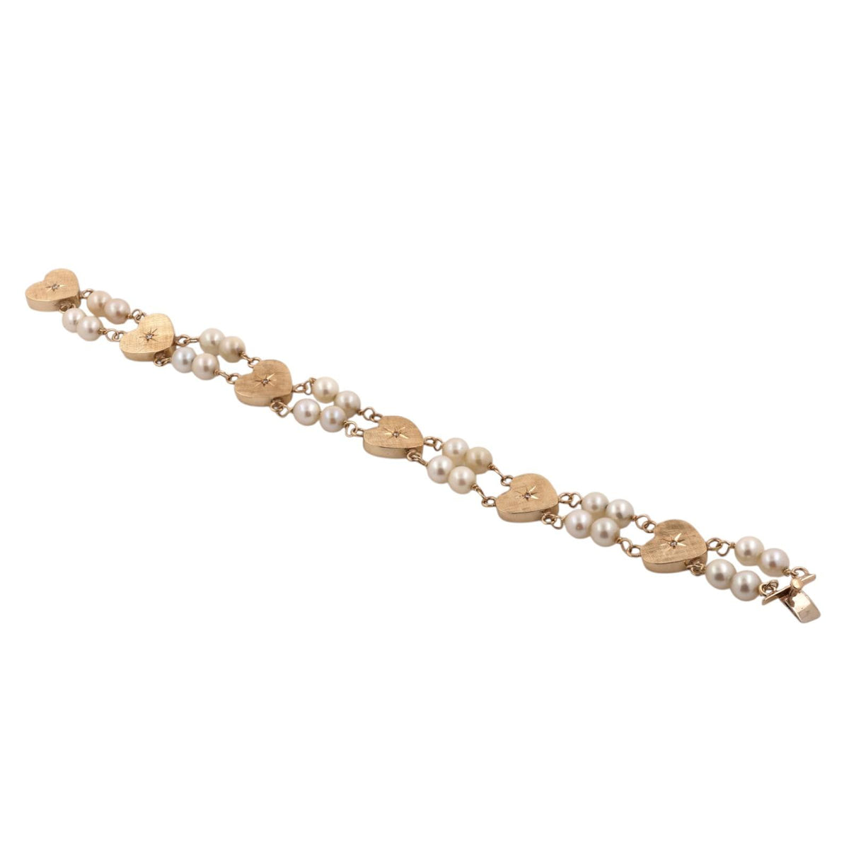 Vintage Yellow Gold Akoya Pearl Diamond Heart Link Bracelet 7" 16.1g Estate