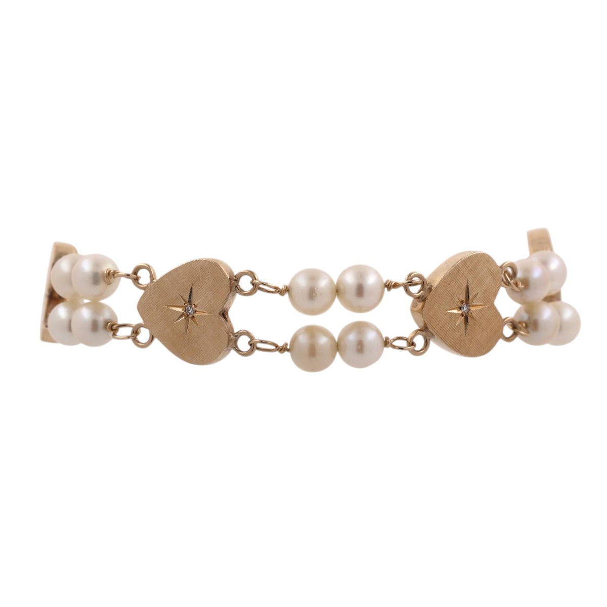 Vintage Yellow Gold Akoya Pearl Diamond Heart Link Bracelet 7" 16.1g Estate