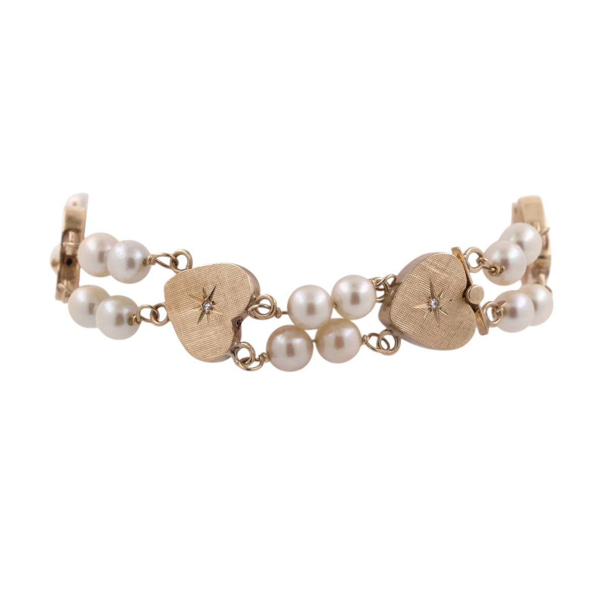 Vintage Yellow Gold Akoya Pearl Diamond Heart Link Bracelet 7" 16.1g Estate