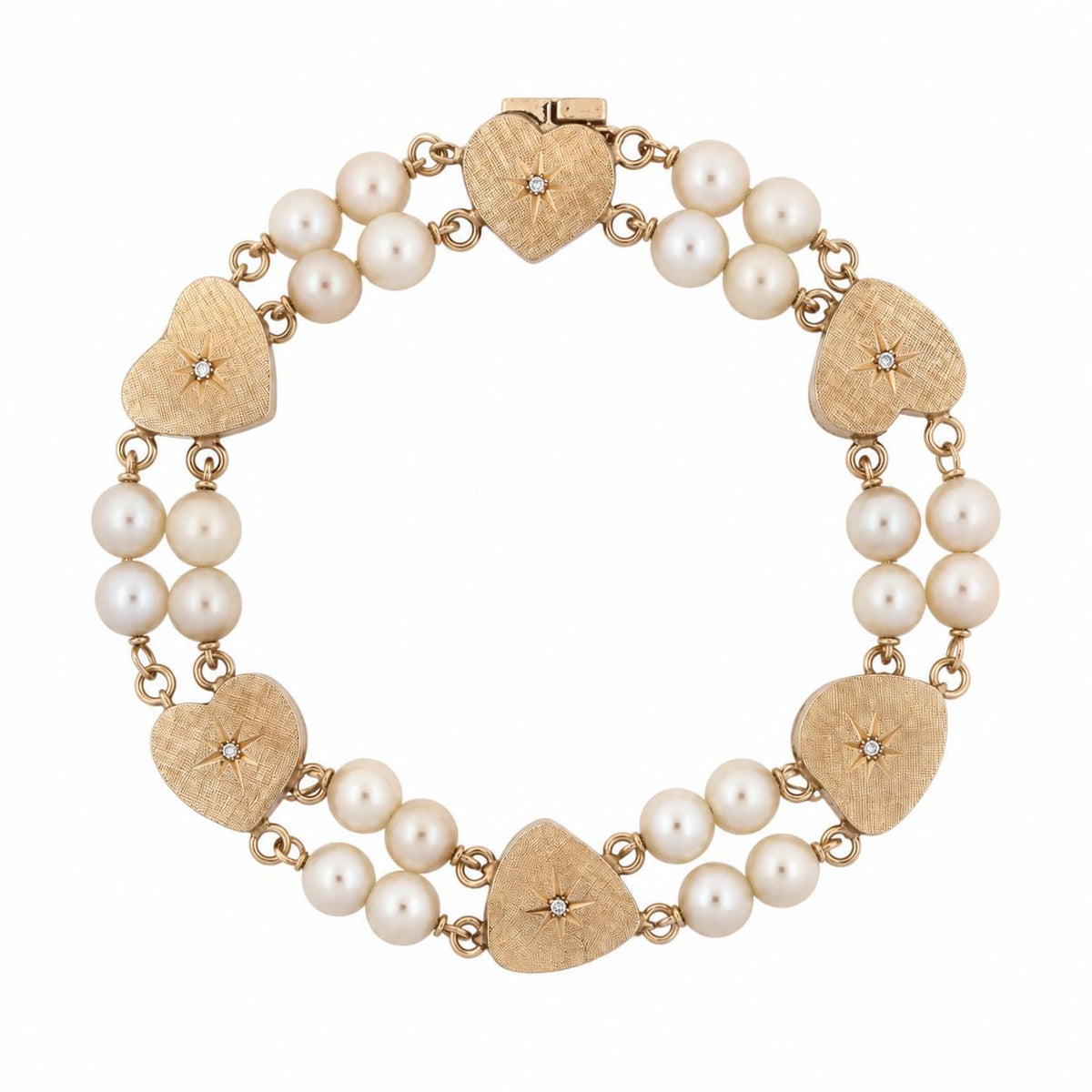 Vintage Yellow Gold Akoya Pearl Diamond Heart Link Bracelet 7" 16.1g Estate