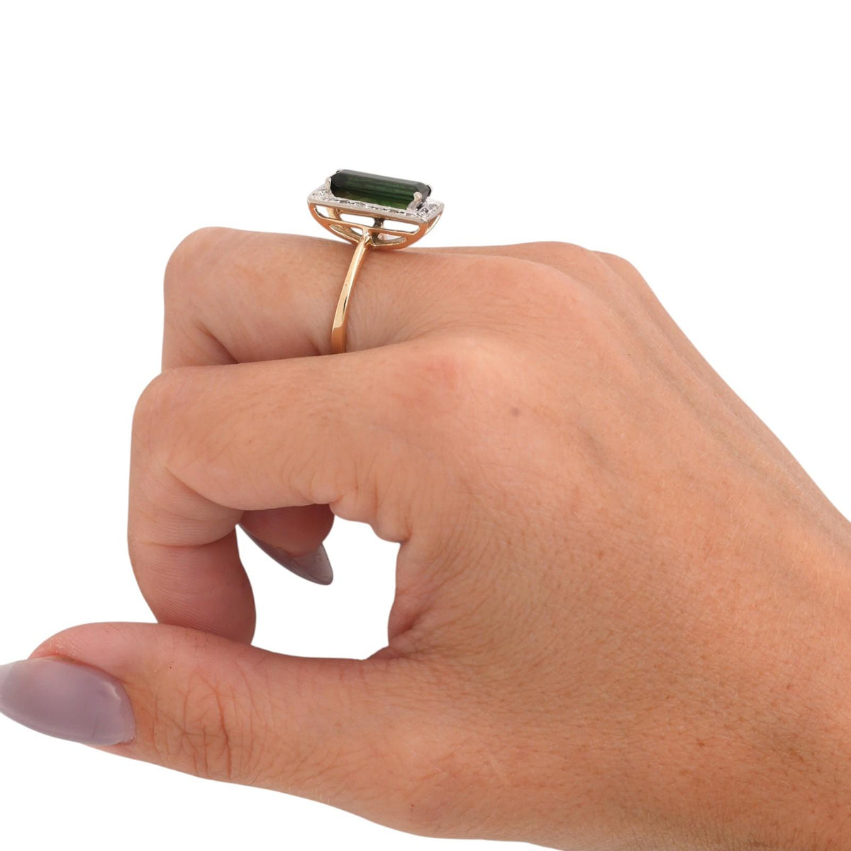 Natural Green Tourmaline Diamond Ring Two Tone Gold 2.30 CTW Size 7.75 Vintage