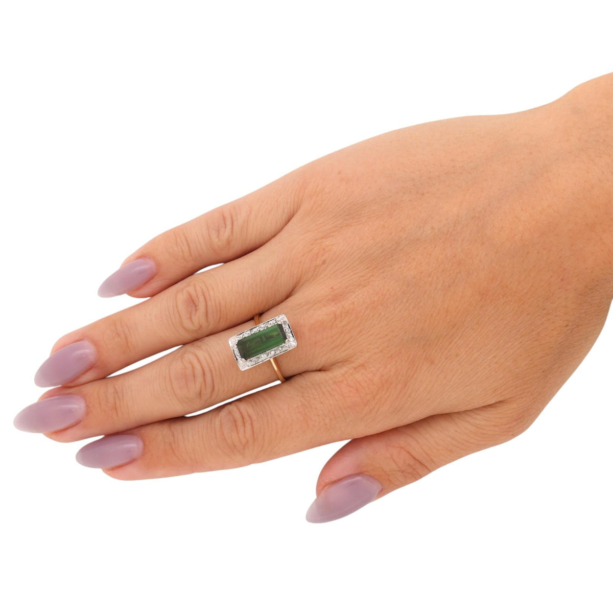 Natural Green Tourmaline Diamond Ring Two Tone Gold 2.30 CTW Size 7.75 Vintage
