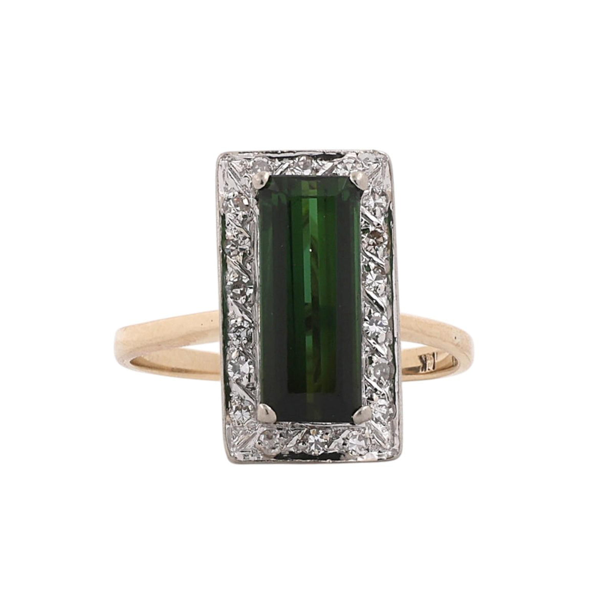 Natural Green Tourmaline Diamond Ring Two Tone Gold 2.30 CTW Size 7.75 Vintage
