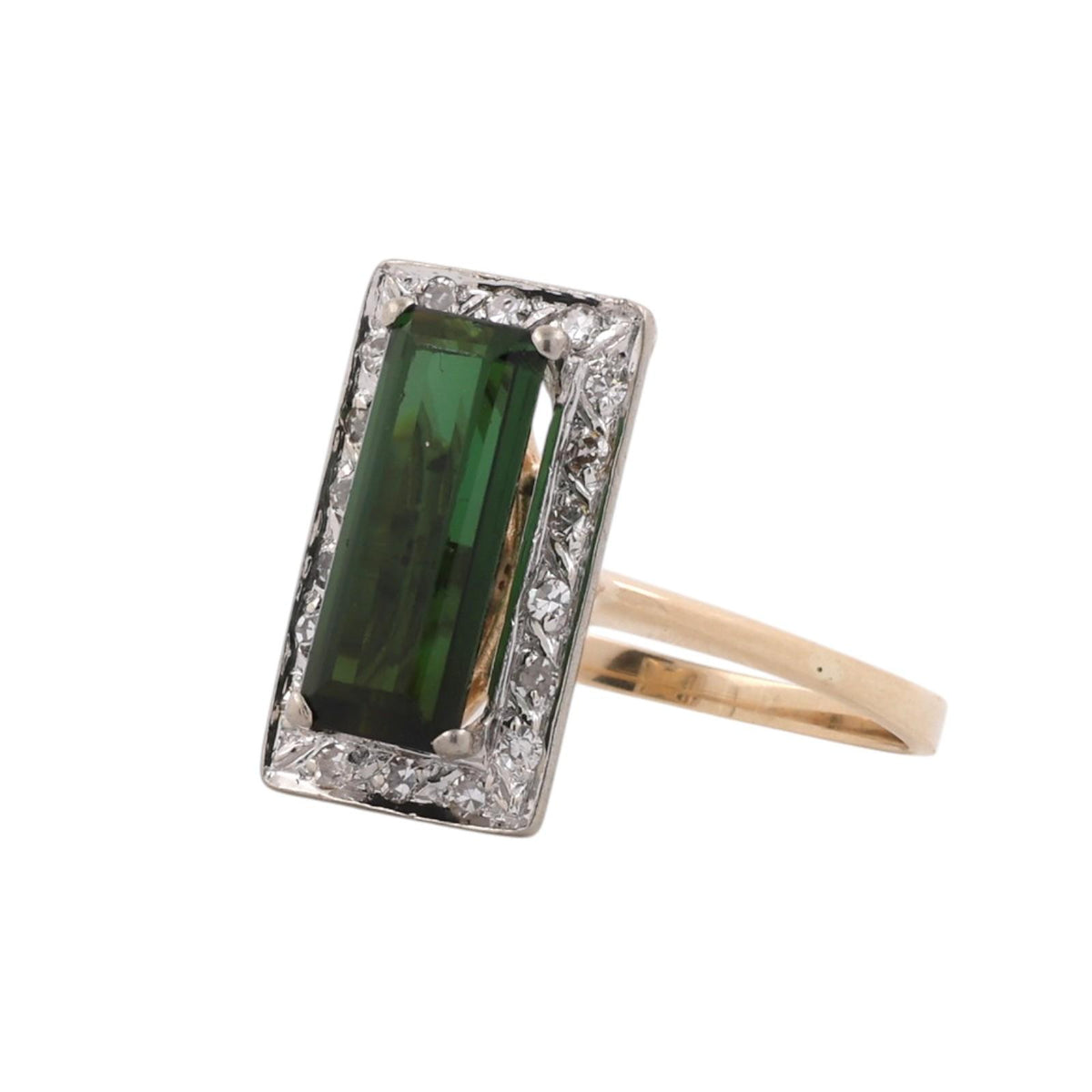 Natural Green Tourmaline Diamond Ring Two Tone Gold 2.30 CTW Size 7.75 Vintage