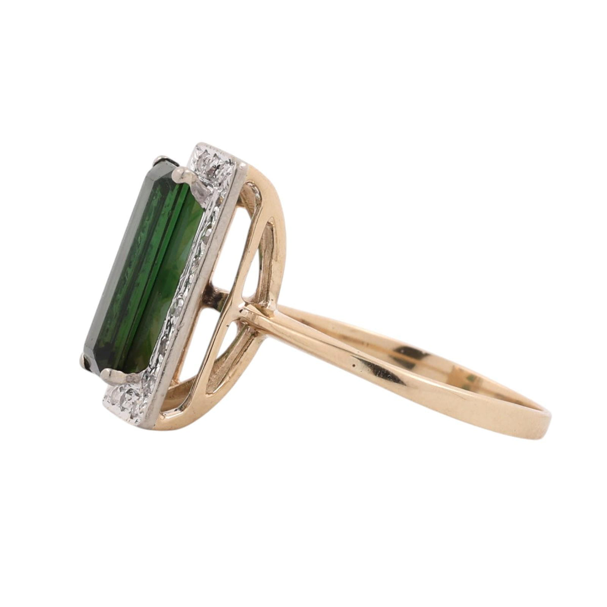 Natural Green Tourmaline Diamond Ring Two Tone Gold 2.30 CTW Size 7.75 Vintage
