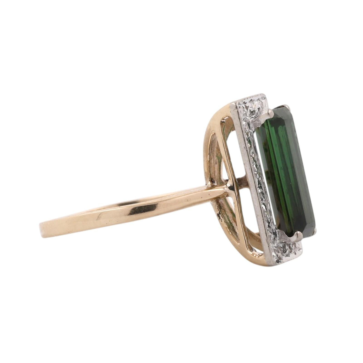 Natural Green Tourmaline Diamond Ring Two Tone Gold 2.30 CTW Size 7.75 Vintage