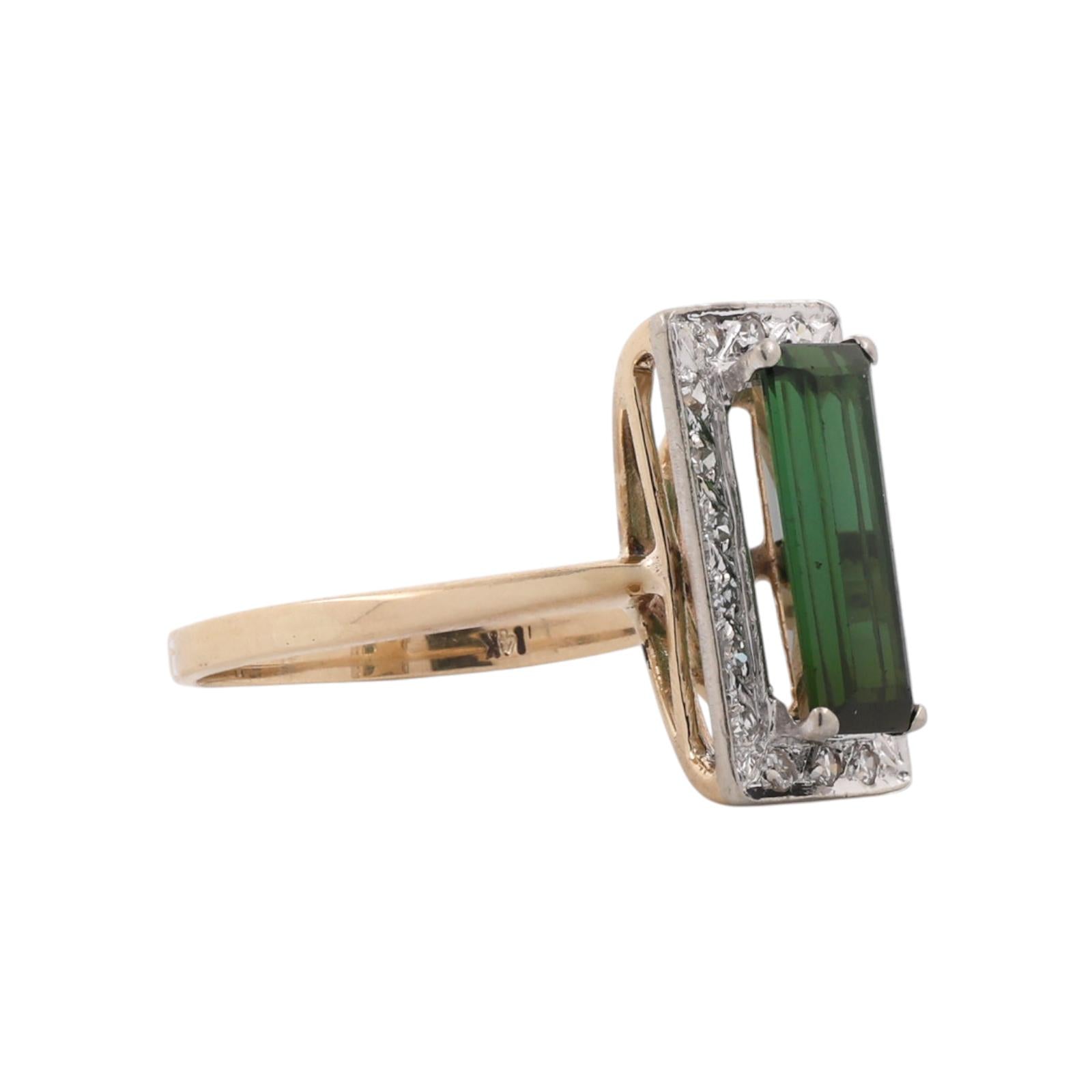 Natural Green Tourmaline Diamond Ring Two Tone Gold 2.30 CTW Size 7.75 Vintage