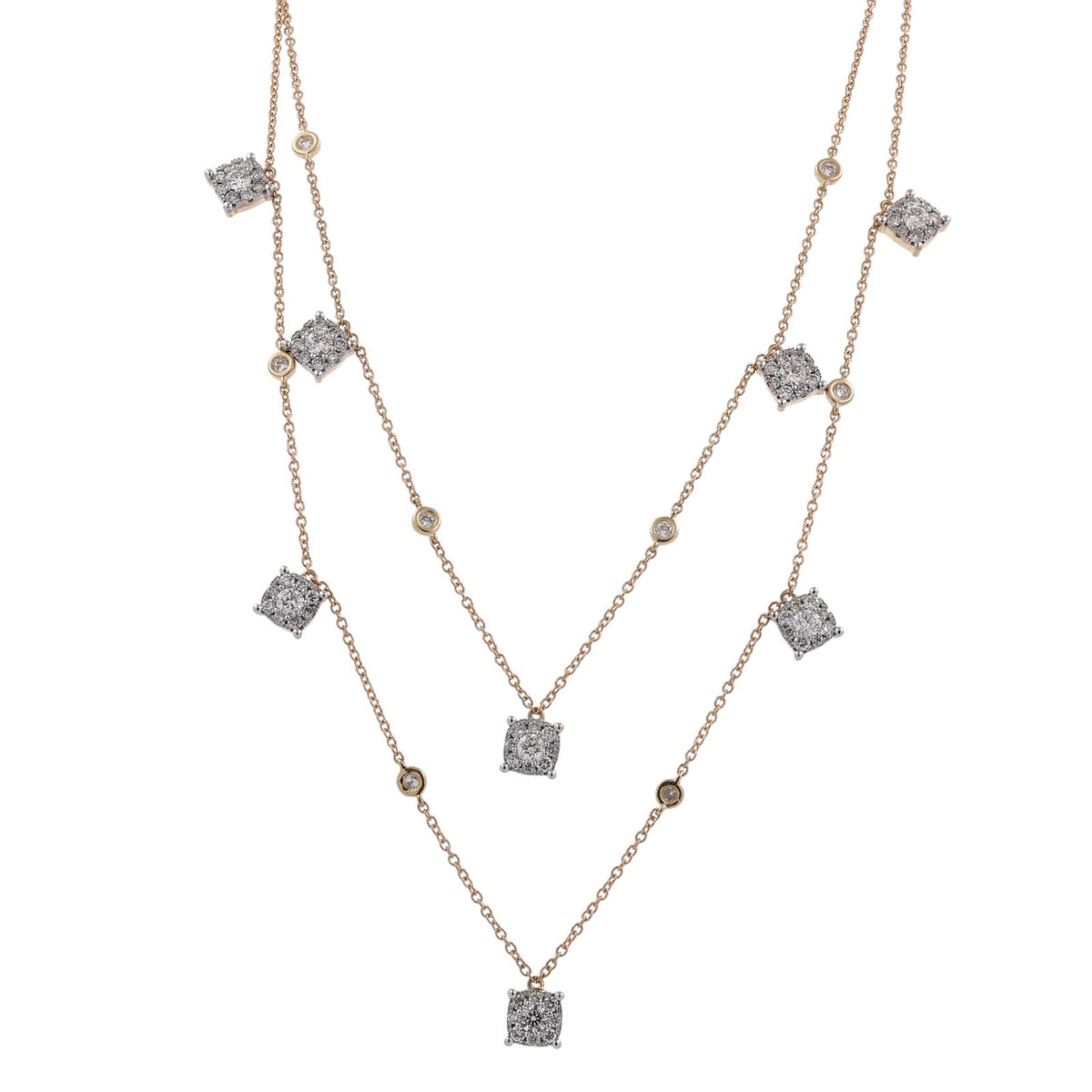 Natural Diamond Layered Station Necklace 14K Two Tone Gold 1.85 CTW 15-20"