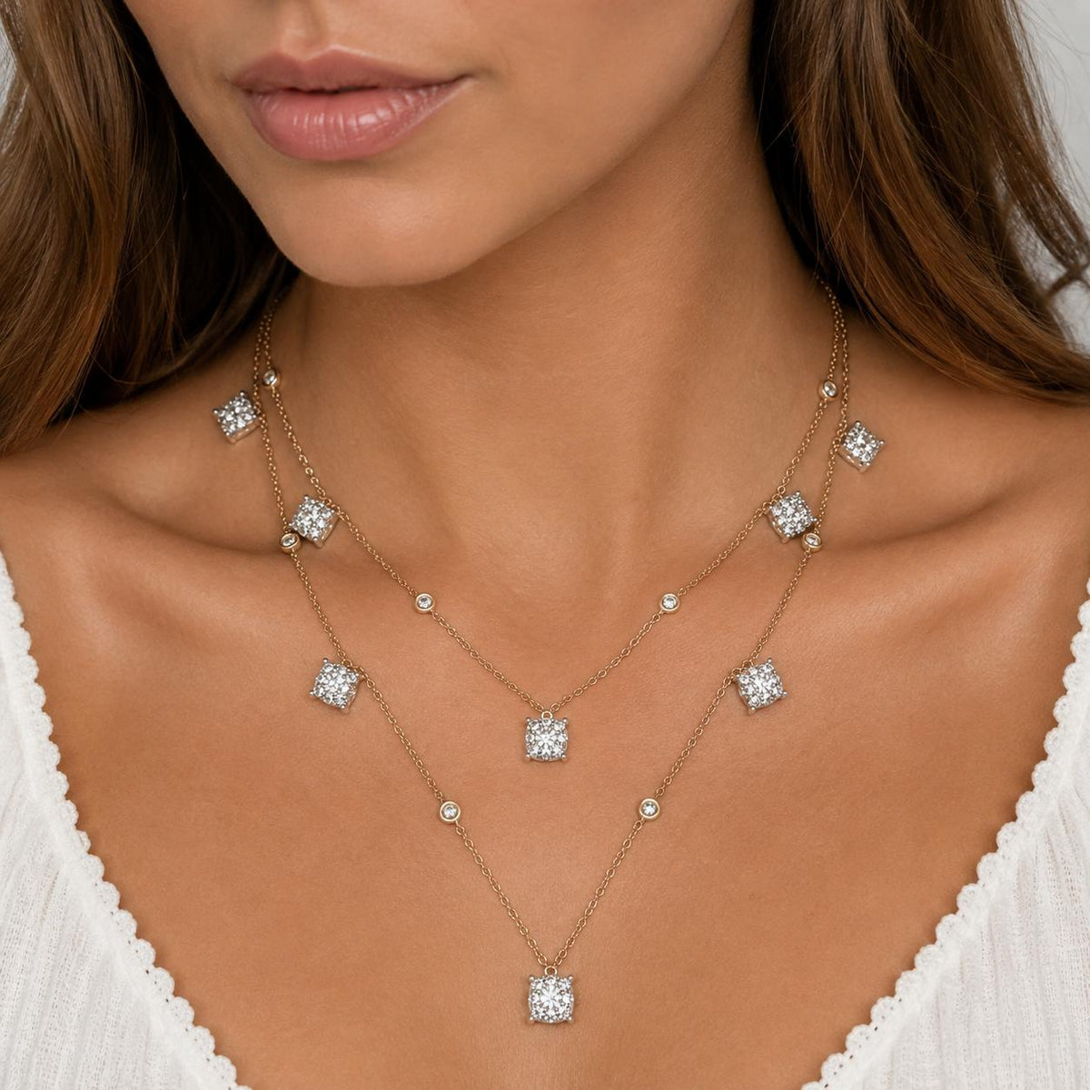 Natural Diamond Layered Station Necklace 14K Two Tone Gold 1.85 CTW 15-20"