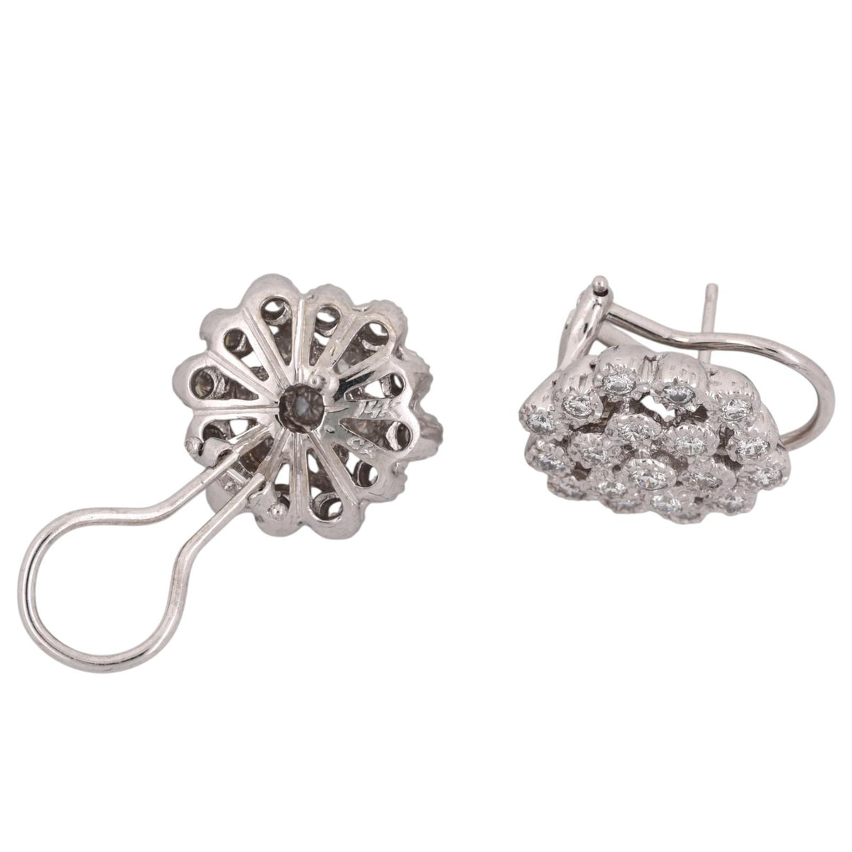 Natural Diamond Floral Cluster Earrings 14K White Gold 1.00 CTW Omega Backs