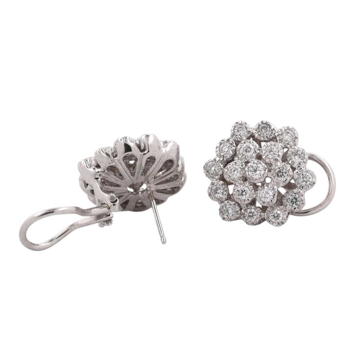 Natural Diamond Floral Cluster Earrings 14K White Gold 1.00 CTW Omega Backs