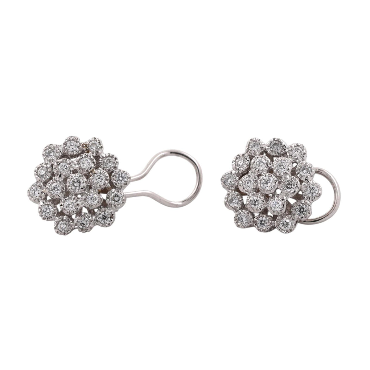 Natural Diamond Floral Cluster Earrings 14K White Gold 1.00 CTW Omega Backs