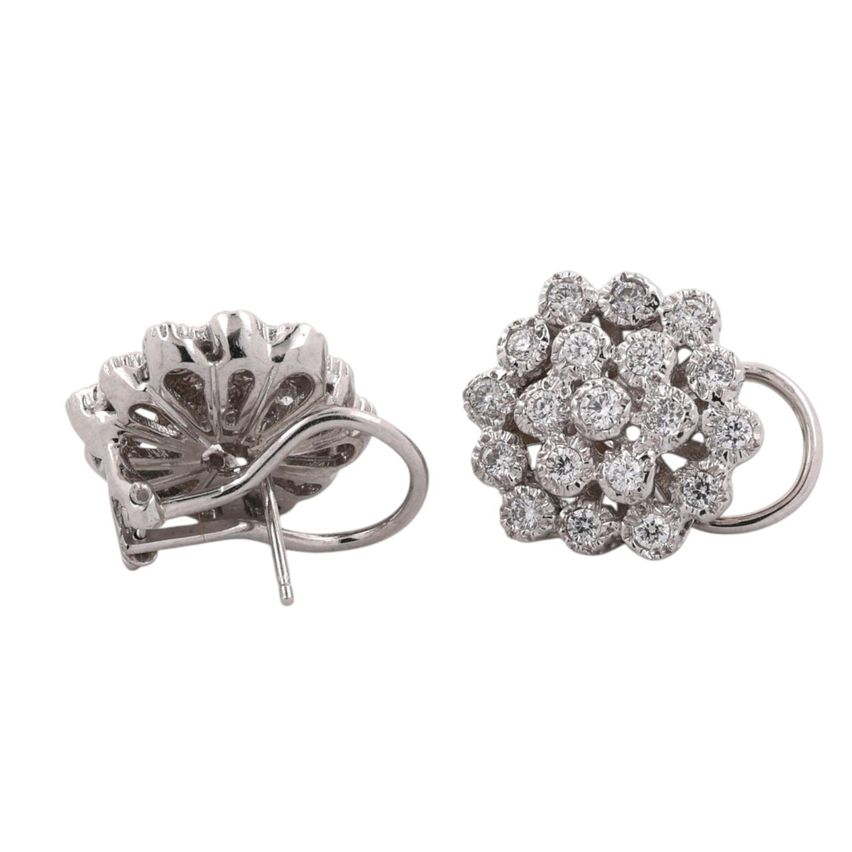 Natural Diamond Floral Cluster Earrings 14K White Gold 1.00 CTW Omega Backs