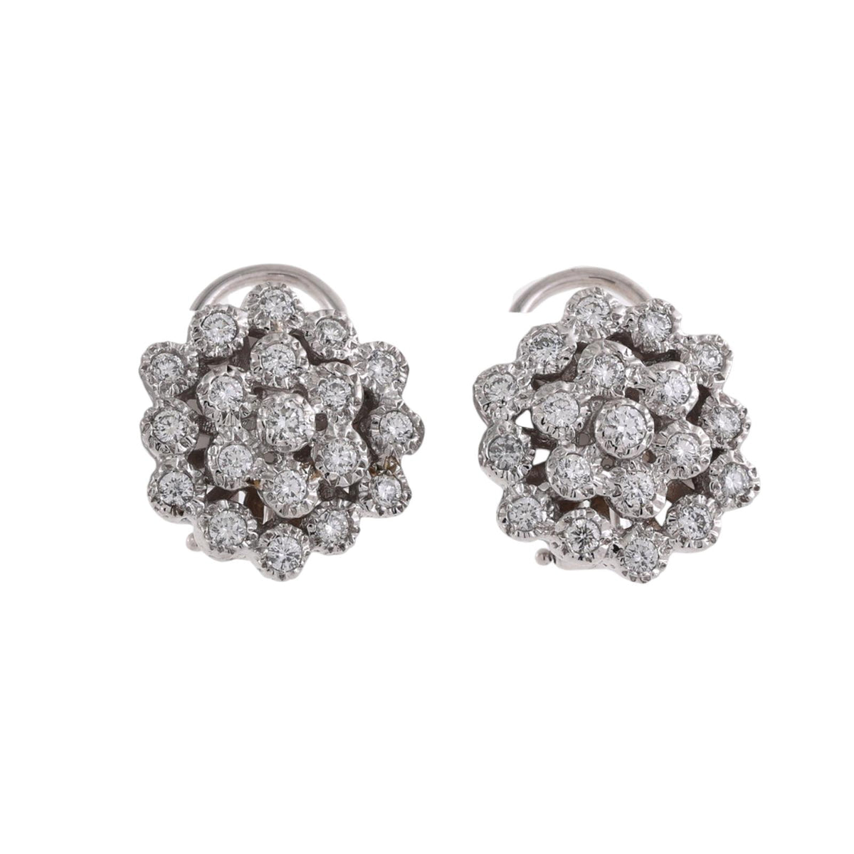 Natural Diamond Floral Cluster Earrings 14K White Gold 1.00 CTW Omega Backs