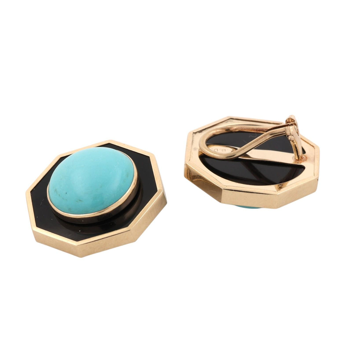 Vintage Turquoise Black Onyx Clip Earrings 14K Yellow Gold 22.5mm B.D.