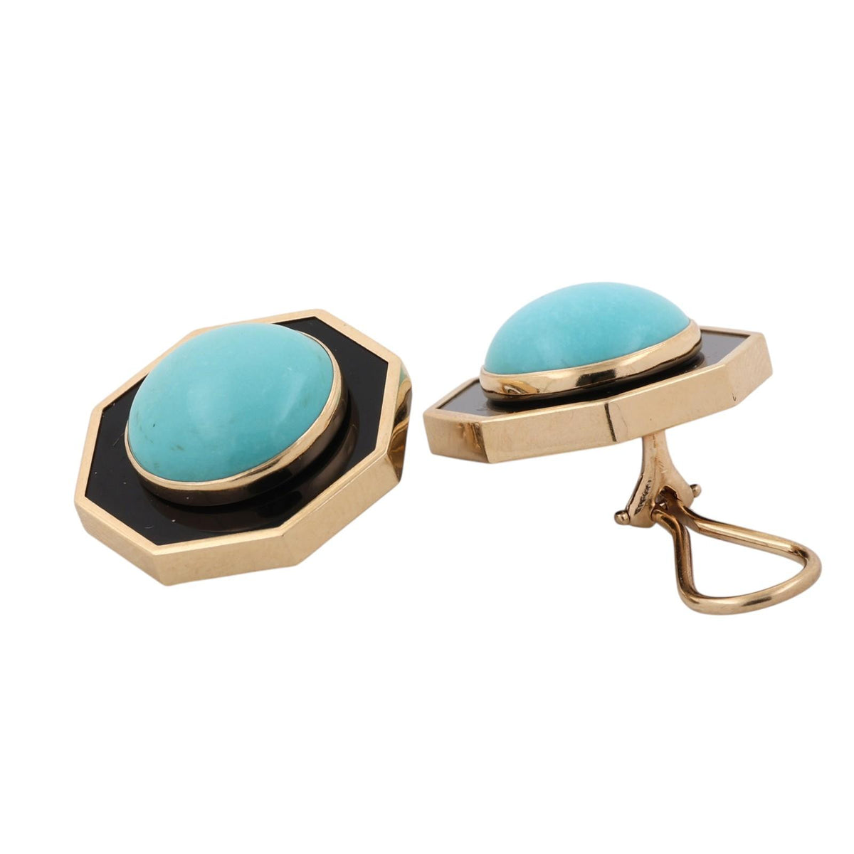 Vintage Turquoise Black Onyx Clip Earrings 14K Yellow Gold 22.5mm B.D.