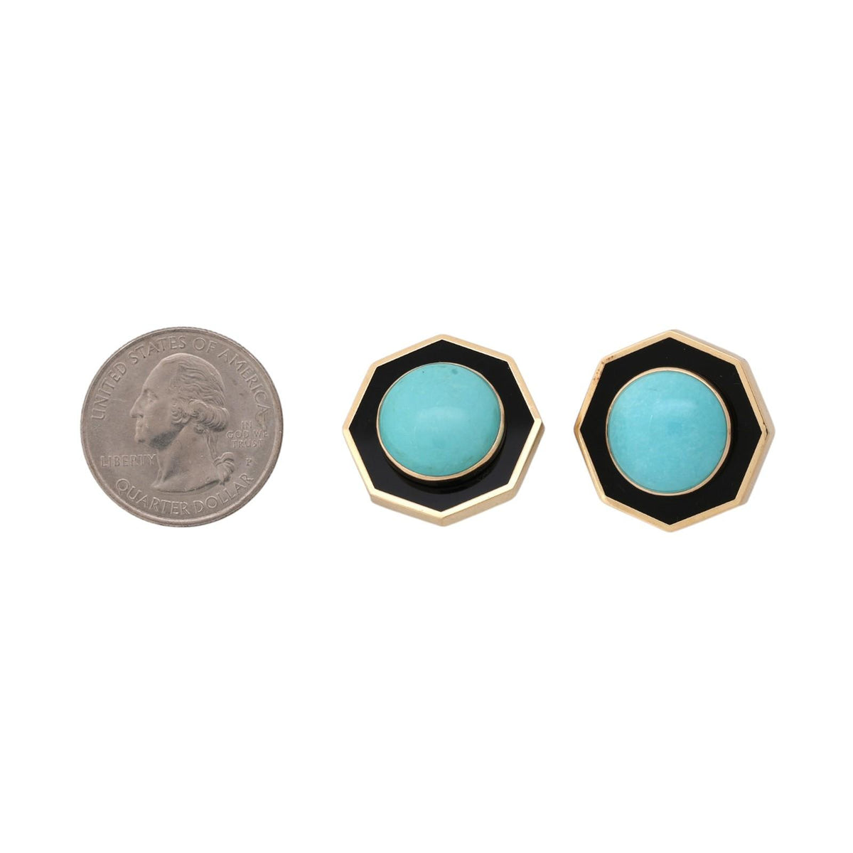 Vintage Turquoise Black Onyx Clip Earrings 14K Yellow Gold 22.5mm B.D.