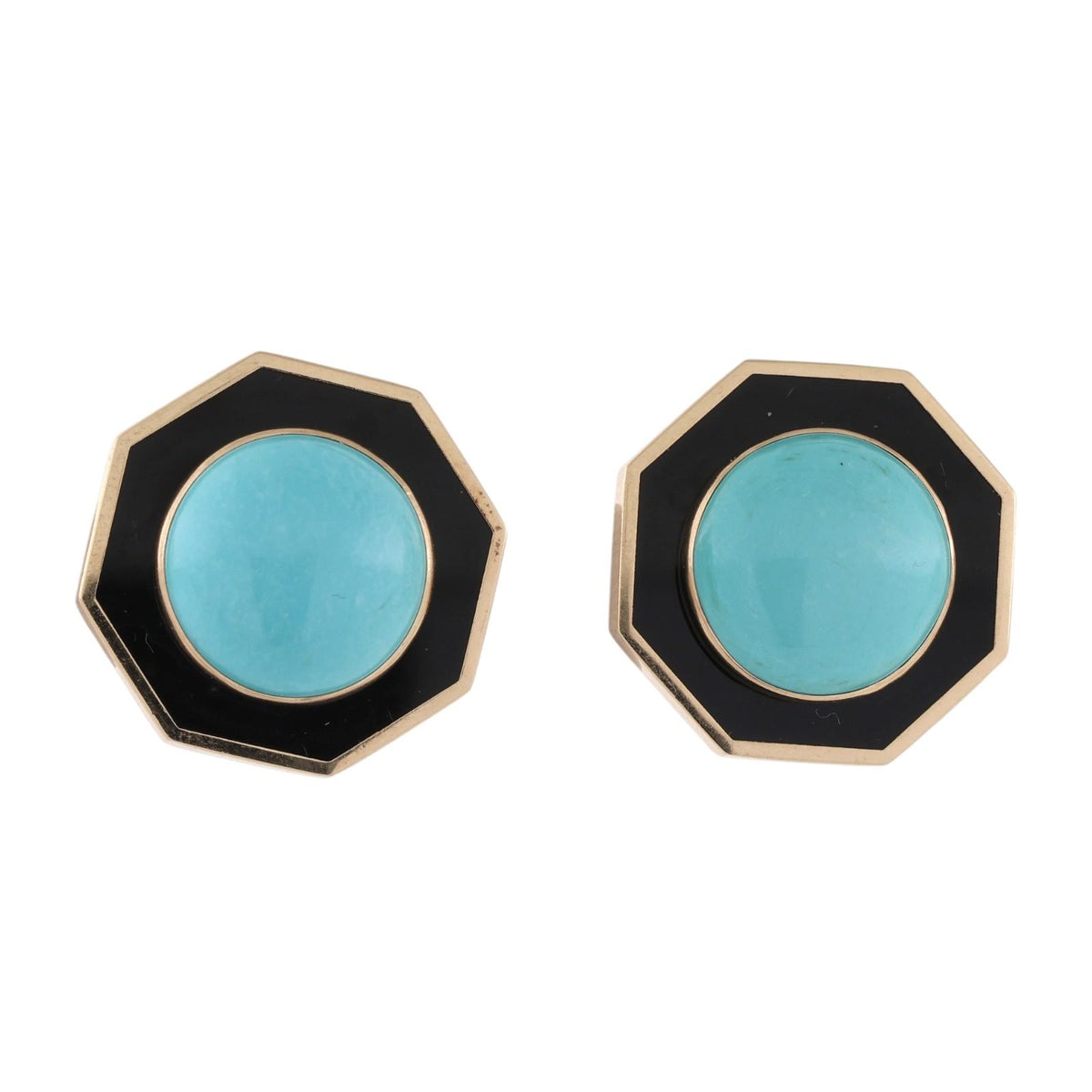 Vintage Turquoise Black Onyx Clip Earrings 14K Yellow Gold 22.5mm B.D.