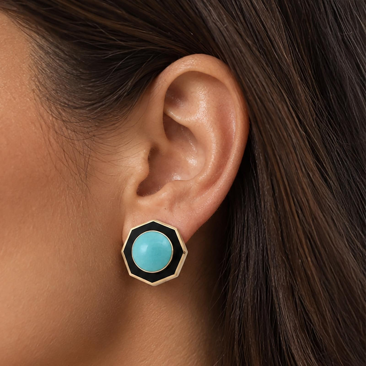 Vintage Turquoise Black Onyx Clip Earrings 14K Yellow Gold 22.5mm B.D.