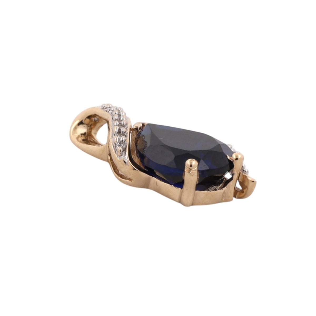 Blue Sapphire Diamond Pendant 14K Two-Tone Gold Lab Created Pear Shape 0.75"