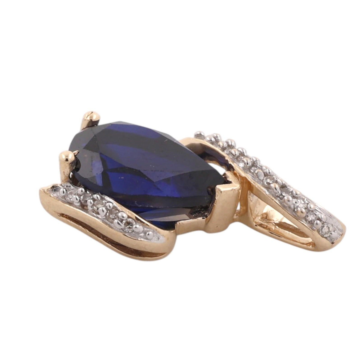Blue Sapphire Diamond Pendant 14K Two-Tone Gold Lab Created Pear Shape 0.75"
