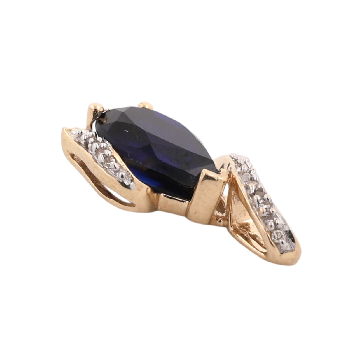 Blue Sapphire Diamond Pendant 14K Two-Tone Gold Lab Created Pear Shape 0.75"