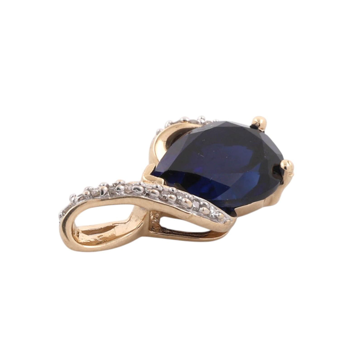 Blue Sapphire Diamond Pendant 14K Two-Tone Gold Lab Created Pear Shape 0.75"