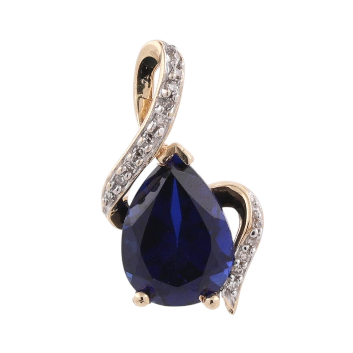 Blue Sapphire Diamond Pendant 14K Two-Tone Gold Lab Created Pear Shape 0.75"