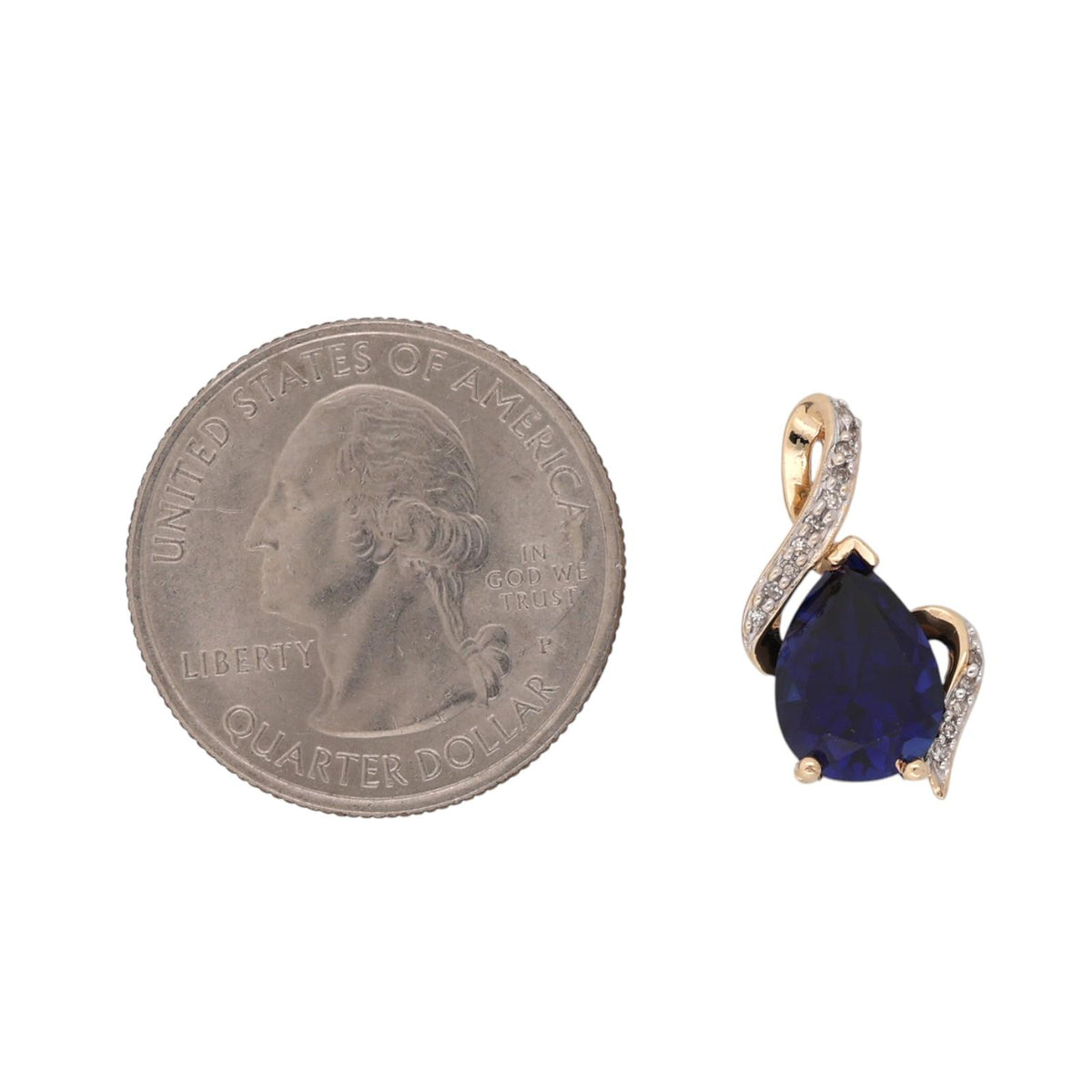 Blue Sapphire Diamond Pendant 14K Two-Tone Gold Lab Created Pear Shape 0.75"