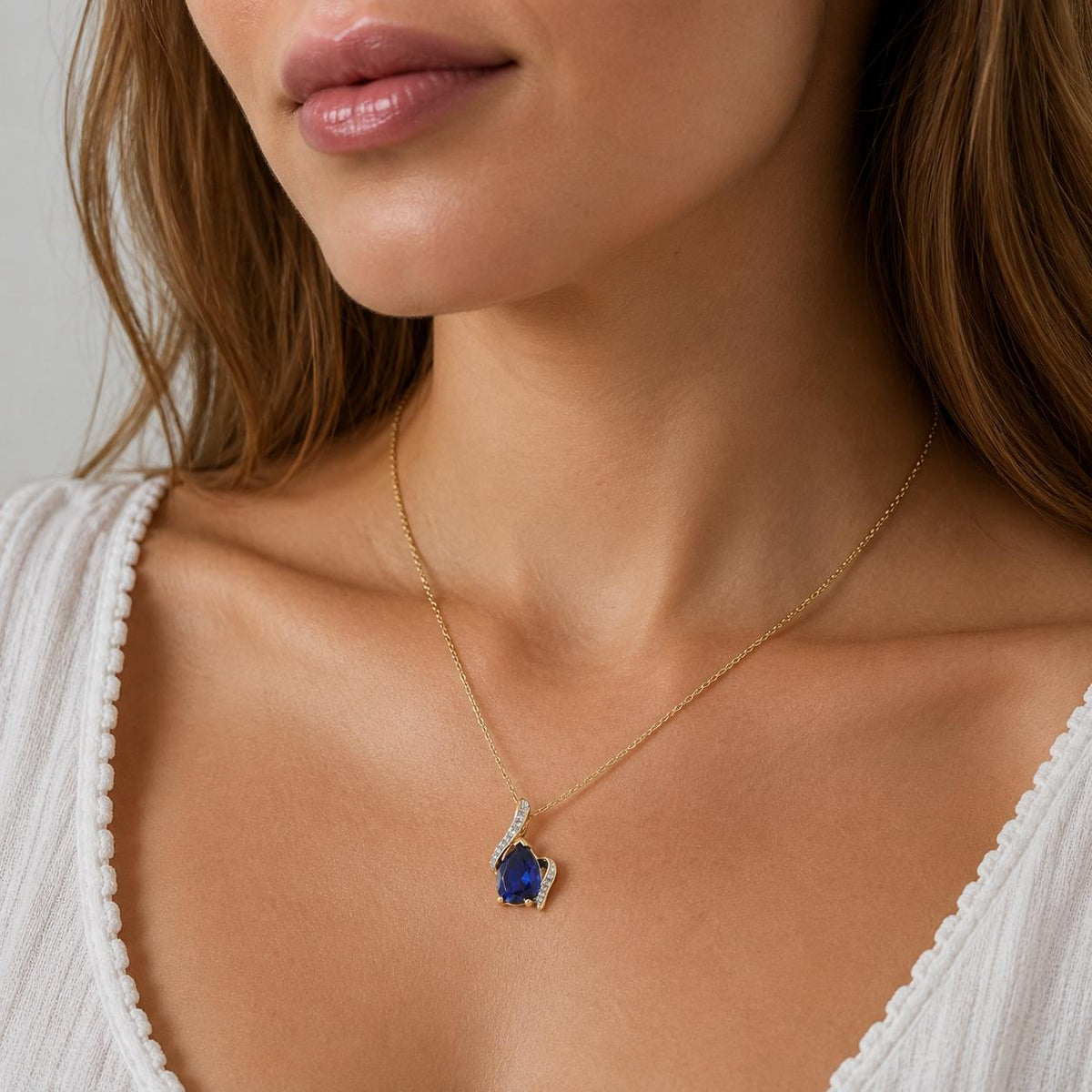 Blue Sapphire Diamond Pendant 14K Two-Tone Gold Lab Created Pear Shape 0.75"