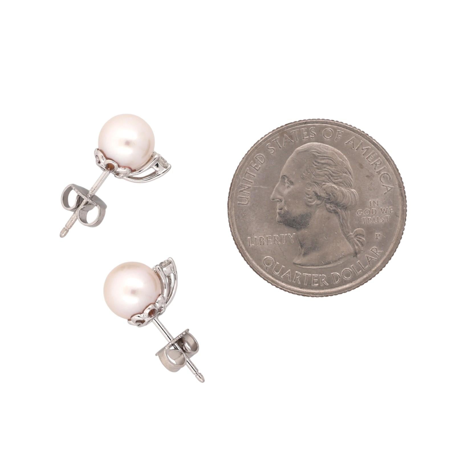 Tiffany & Co. Signature Akoya Pearl Diamond Earrings 18K White Gold 0.20 CTW