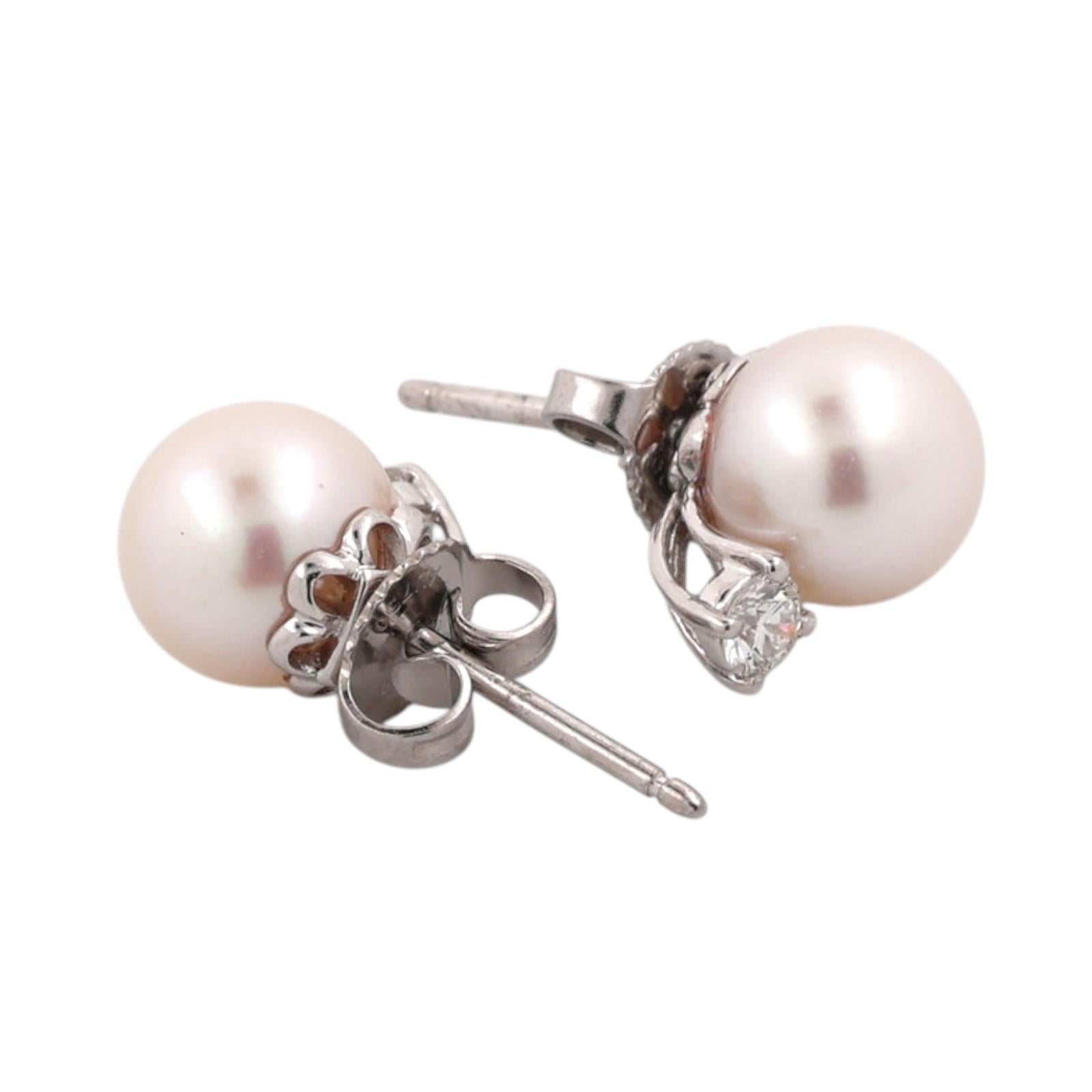 Tiffany & Co. Signature Akoya Pearl Diamond Earrings 18K White Gold 0.20 CTW