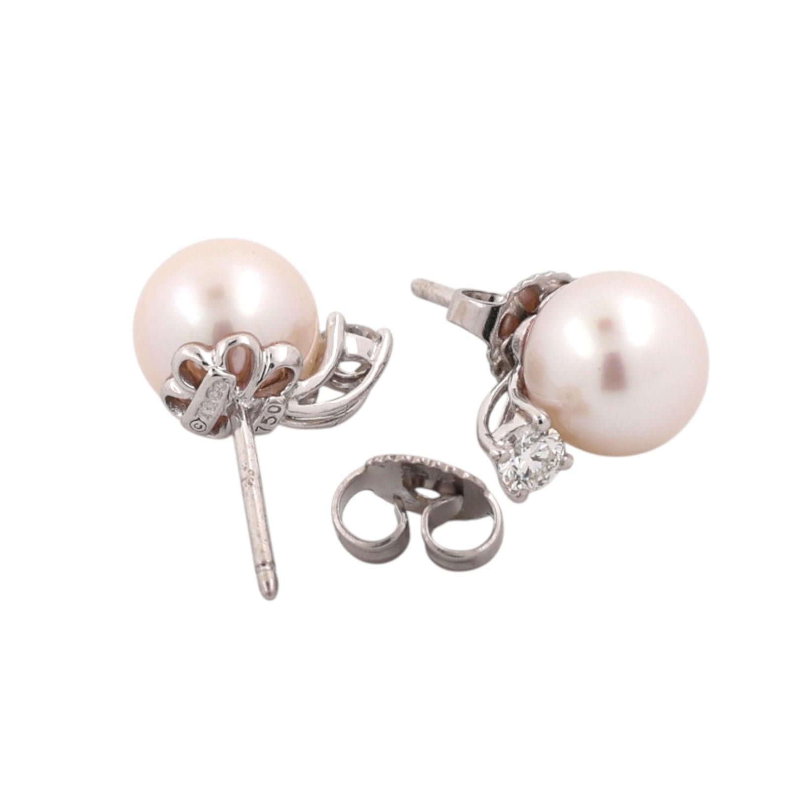 Tiffany & Co. Signature Akoya Pearl Diamond Earrings 18K White Gold 0.20 CTW