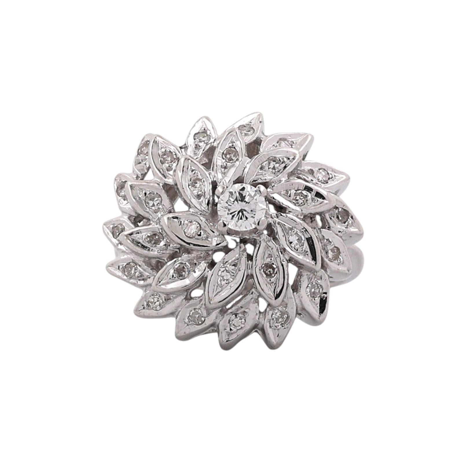 White Gold Natural Diamond Large Floral Cluster Cocktail Ring 0.40 CTW Size 5