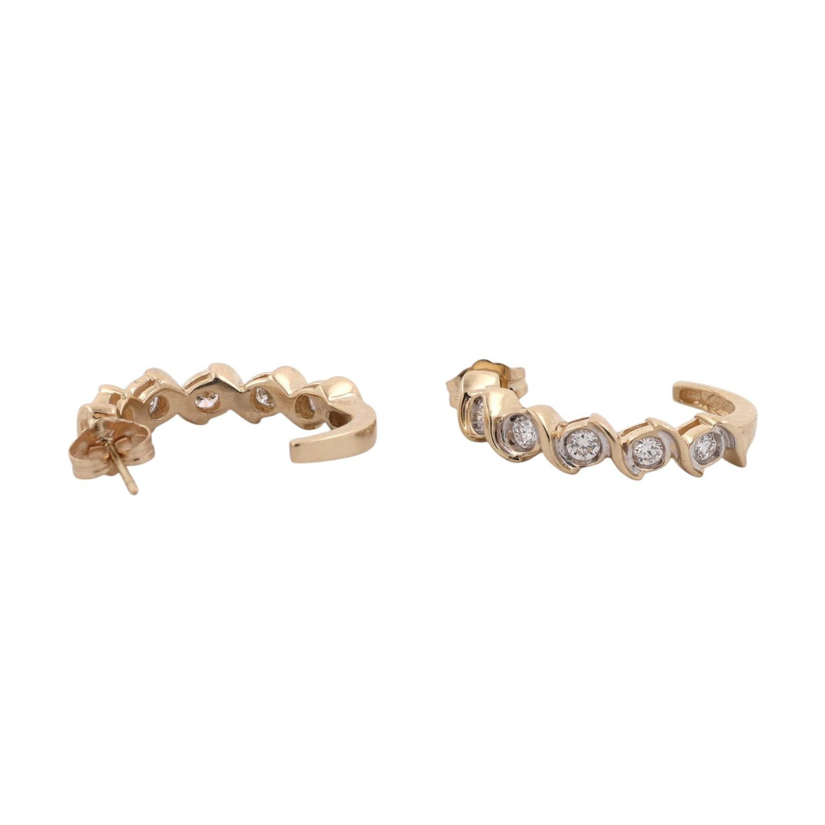 Natural Diamond J Hoop Earrings 14K Two Tone Gold 0.50 CTW Swirl 0.78"