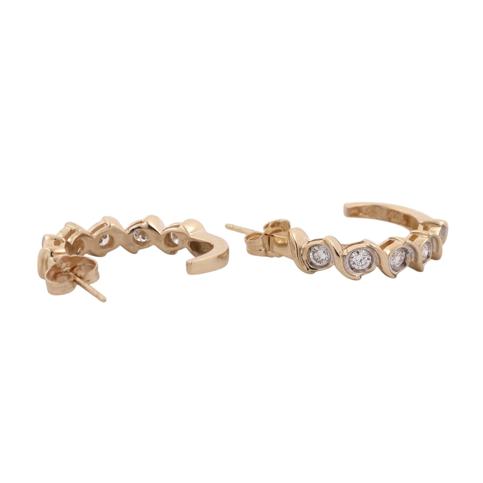 Natural Diamond J Hoop Earrings 14K Two Tone Gold 0.50 CTW Swirl 0.78"